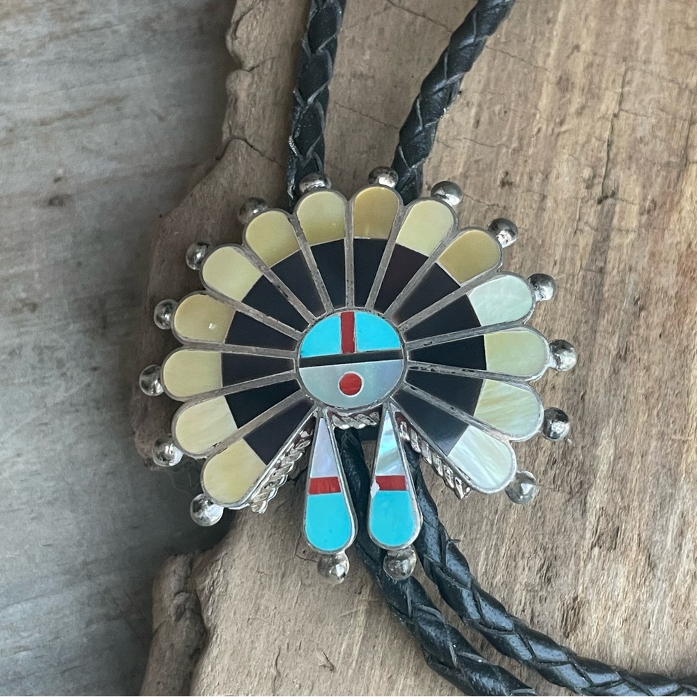 Vintage Zuni Multi Stone Inlay Sterling Silver Sunface Bolo | Signed